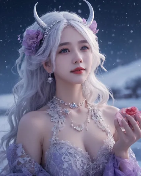 starry sky,clusters of stars,snow,lovely,straight-on,cinematic angle,female focus,white_hair,red_eyes,light smile,nervous,skin fang,horns,1girl,beautiful purple eyes,wavy silver hair,crying,water eyes,looking at viewers,delicate Gothic evening gown,detailed lace and decorative border,detailed lace glove,detailed jewelry necklace,jewelry earrings,hair flower,snow,fog,violet garden,magnificent palaces,mountains,forests,night,detailed colorful star sky,cinematic lighting,super detLarge depth of field,oil,soaked,untied bikini,micro bikini,no_bra,see-through,clothes_lift,armpits,