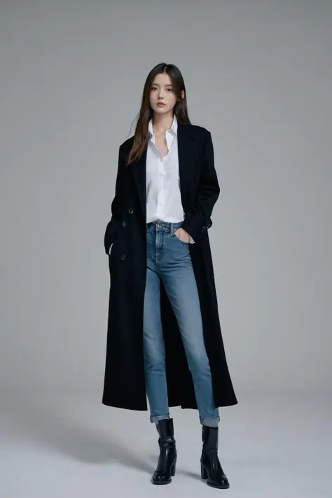 ysygirl, Masterpiece, realism, (reality:1.3), a woman, long hair, model display, clothes display, black coat, white shirt, jeans, black boots, (perfect face, perfect details, perfect proportion), insert your hands into your pockets, watching the audience,