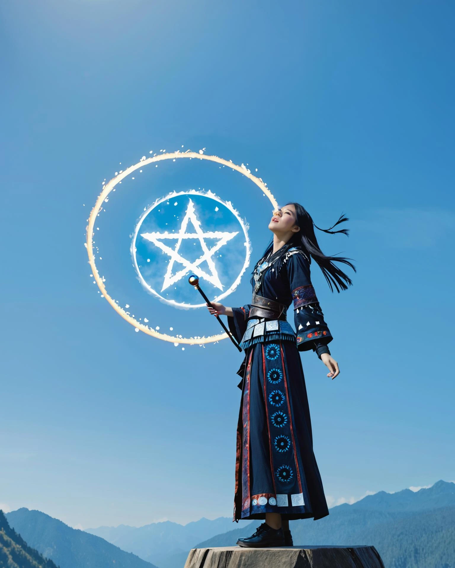 1 girl,miaoyuansu,miao5,colorful, full body, Wide Shot, wallpaper, energy, Unknown terror, arcane, Around the magic ,magic surrounds ,magic rod, book, pages flying all over the sky, Know it all, Predicting the Future, Know the past, Infinite wisdom, blue flame, Warlock, Magical Circle, Circle, Pentagram, incantation, mantra, Witcher, Singing magic, masterpiece, ultra realistic, best quality