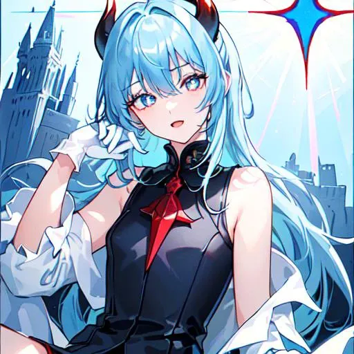 (Highest picture quality),(Master's work),(ultra-detailed),(Detailed eye description:1.0),(lens flare:1.0),( poster:1.0),(Tarot border:1.0),the portrait is centered,(close-up:1.0),(nagative space:0.8),(negative space:1.6),(solo),(floating colorful web:1.0),(many colorful spikes:1.0),(floating aqua droplets:1.0),(water magic:1.0), (dappled sunlight,light rays,caustics:1.2), (iridescent:1.0),(beautiful detailed glow:1.0),(leaning back:1.2),(grim expression:1.0),(small:1.0),(open mouth:1.0),(eyelashes),one eye closed,(light blue hair:1.4),(long hair:1.0),(facing viewer:1.3),(head tilt:1.0),(dynamic pose:1.1),(asymmetrical hair:1.2),,(),(tights),(blue pupils:1.4),hair between eyes,ponytail,drill hair,sweater,(floating cape:1.0),,(castle:1.4),(:1.1),(sitting:1.1),(pale skin:1.1),(portrait:1.25),lip biting, , <lora:ganyuGenshinImpact_v20:1>, ganyu, bare shoulders, bodysuit, (white gloves:1.3), black and red twin horns, sleepy