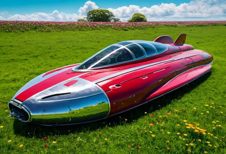 a huge red and raypunk chrome spaceship sunken into a rich green grassland, flowers, sharp focus, high detailed, realistic, day, colorful, blue sky,