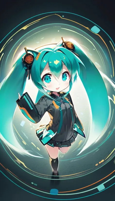 (masterpieces, best quality, illustration, extremely detailed CG wallpaper, ultra-detailed) , (beautiful detailed eyes), full body highangle shot of 1girl, ((hatsune miku)), solo focus, cute, pixiv, chibi, studio lighting  <lora:komowata_haruka_counterfeitxlb_1-05:0.6>