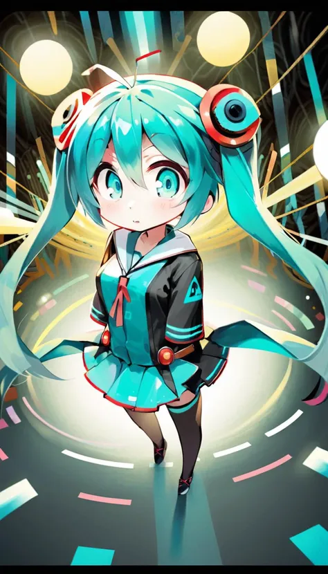 (masterpieces, best quality, illustration, extremely detailed CG wallpaper, ultra-detailed) , (beautiful detailed eyes), full body highangle shot of 1girl, ((hatsune miku)), solo focus, cute, pixiv, chibi, studio lighting  <lora:komowata_haruka_counterfeitxlb_1-05:0.7>