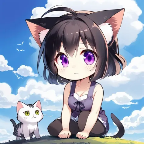 (masterpieces, best quality, illustration, extremely detailed CG wallpaper, ultra-detailed) , (beautiful detailed eyes), 1girl with cat ears and cat tail, solo focus, long black hair, purple eyes, serene, chibi, blue sky, white clouds, nature, cute, pixiv, breasts  <lora:komowata_haruka_counterfeitxlb_1-05:0.6>