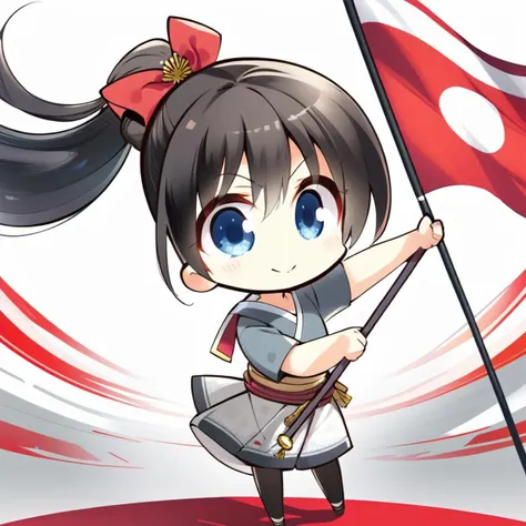 (masterpieces, best quality, illustration, extremely detailed CG wallpaper, ultra-detailed) , (beautiful detailed eyes), 1girl with black hair ponytail waving a large imperial Japanese flag banner, solo focus, daytime, sunlight, chibi <lora:komowata_haruka_counterfeitxlb_1-05:0.8>