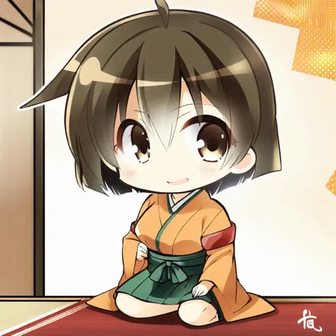 (masterpieces, best quality, illustration, extremely detailed CG wallpaper, ultra-detailed) , (beautiful detailed eyes), 1girl wearing an orange kimono with wide furisode sleeves, solo focus, happy, chibi, (one side up:1.22) brown hair, brown eyes, large breasts, Japanese tearoom, sitting <lora:komowata_haruka_counterfeitxlb_1-05:0.8>
BREAK green hakama, hakama short skirt, green skirt, <lora:hiryuu_counterfeitxla_3-05:0.6>