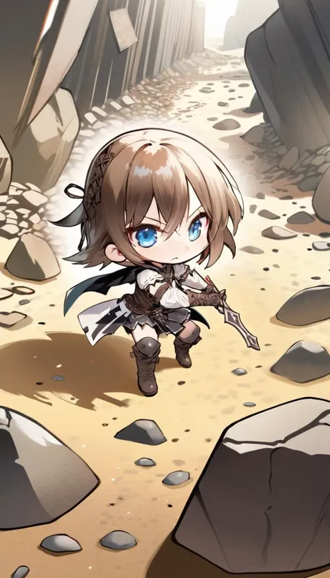 (masterpieces, best quality, illustration, extremely detailed CG wallpaper, ultra-detailed) , (beautiful detailed eyes), 1girl, solo focus , lace-up leather boots, cross-laced clothes, detached sleeves, rising rock ground, cracked ground, blowing away debris, beautiful detailed rocks, chibi <lora:komowata_haruka_counterfeitxlb_1-05:0.6>