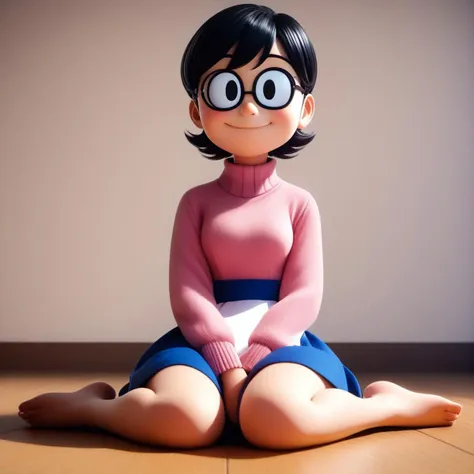 score_9, 3d, by bing3d, 1girl, solo, tamako nobi, black hair, glasses, pink sweater, waist apron, blue skirt, barefoot, looking at viewer, smile, sitting, arm support, on floor, indoors