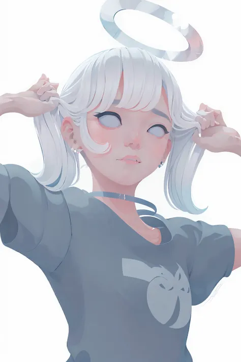 pastel color,
1girl, solo, ((blue eyes)), simple background, shirt, white background, twintails, jewelry, white hair, earrings, parted lips, choker, grey background, black shirt, black choker, halo, holding hair,
flat color , <lora:choomoranma-04:0.95>