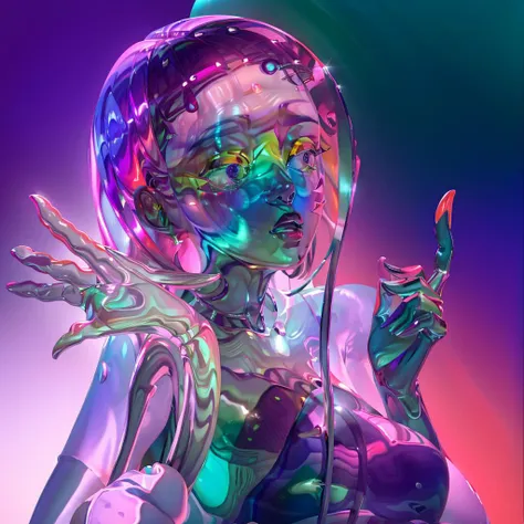 full body, 4k, masterpiece, 1girl hide head inside big glass [<lora:glasssculpture_v8:0.4> glasssculpture , translucent, transparent, reflection] shelter,beautiful [hands : fingers : legs], <lora:metal2-000004:0.8> liquid metal girl, slime girl, rainbow hair, purple eyes, cropped jacket, shirt, pants, human, underboob breasts, (own boob grab;1.4), <lora:GoodHands-beta2:0.8> , <lora:choomoranma-04:0.8> choomoranma style,  <lora:microsoft style 0623:0.8> microsoft style, mosha, Frosted Glass , <lora:spotlight:1> (purple spotlight;1.2) ,dark theme