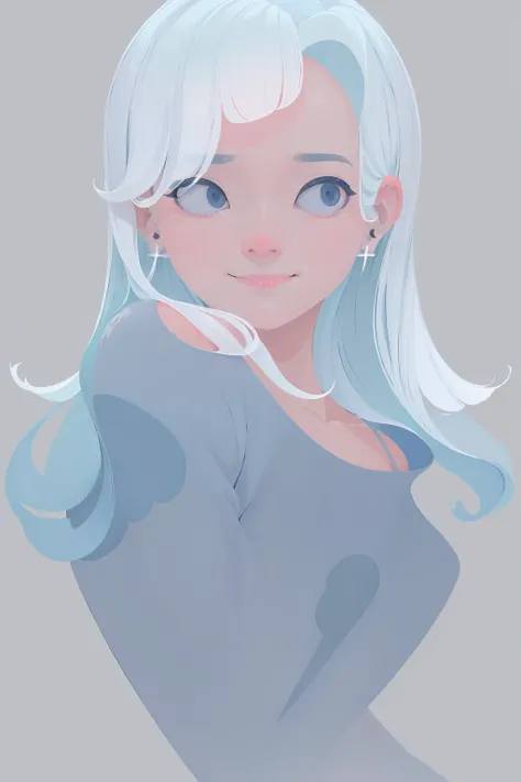 pastel color,
1girl, solo, long hair, looking at viewer, smile, simple background, shirt, jewelry, upper body, white hair, earrings, grey background, grey eyes, shadow, blue shirt, portrait,
flat color , <lora:choomoranma-04:0.95>