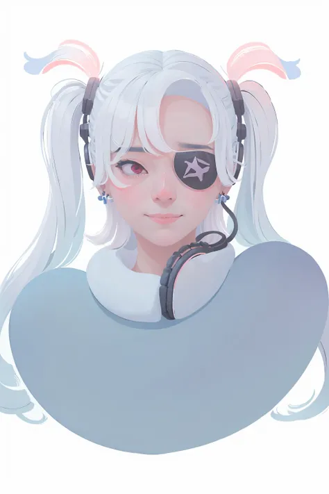 pastel color,
1girl, solo, long hair, looking at viewer, smile, simple background, red eyes, twintails, jewelry, white hair, earrings, floating hair, headphones, blue background, eyepatch, portrait, can, headphones around neck,
flat color , <lora:choomoranma-04:0.88>