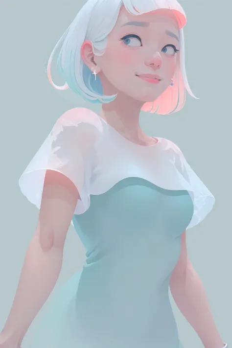 pastel color,
1girl, solo, looking at viewer, smile, short hair, simple background, shirt, jewelry, upper body, pink hair, white hair, earrings, blunt bangs, dated, grey eyes, shadow, blue background, portrait, aqua background,
flat color , <lora:choomoranma-04:0.88>