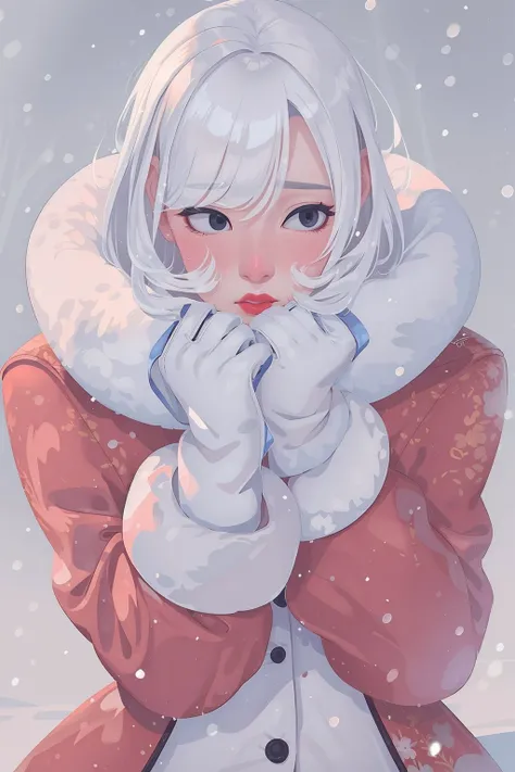 best quality, masterpiece, 25yo, model, White hair,detailed, black eyes, (short hair:1.1), upper body, winter, white background,
<lora:Choomoranma:0.55>  looking away, blush, red lips, snowing, snowflakes,