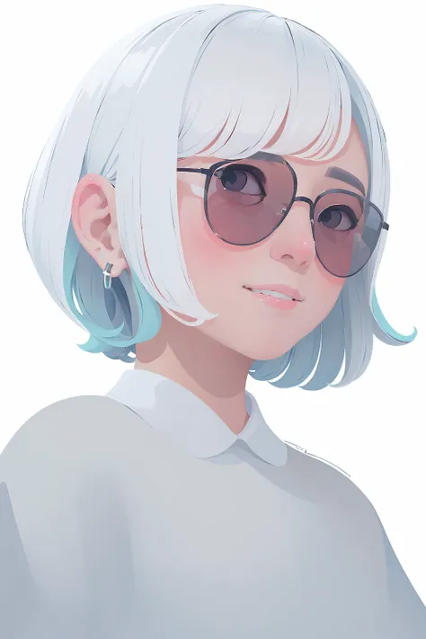 pastel color,
1girl, solo, smile, short hair, simple background, white background, jewelry, white hair, earrings, parted lips, black eyes, portrait, sunglasses,
flat color , <lora:choomoranma-04:0.7>