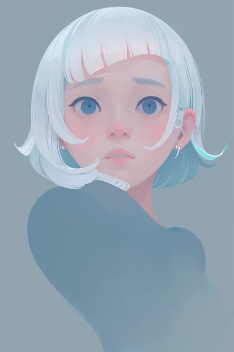 pastel color,
1girl, solo, looking at viewer, short hair, simple background, jewelry, white hair, earrings, parted lips, blunt bangs, black eyes, shadow, blue background, aqua background,
flat color , <lora:choomoranma-04:0.95>