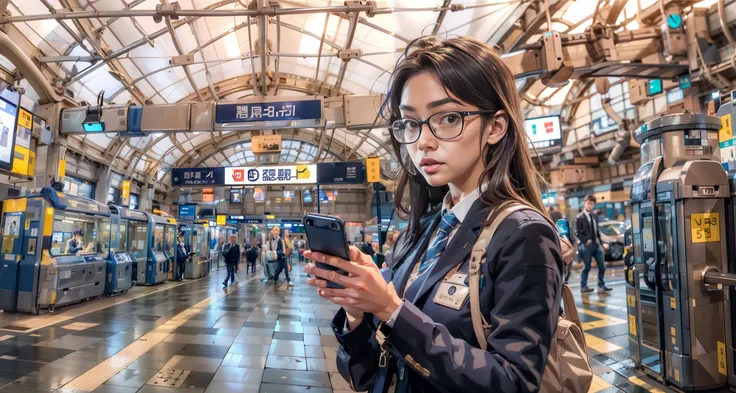 best quality, ultra-detailed, (illustration), intricate details, 
(portrait:1.4), 1girl, glasses, school uniform, bag, jacket, holding smartphone, 
kaisatsu, automatic ticket gate, train station, scenery, sign, real world location, indoors, ceiling
 <lora:kokusai_tenjijyo_eki_SD15_V1_DIM4:1>,  <lora:add_detail:0.5>