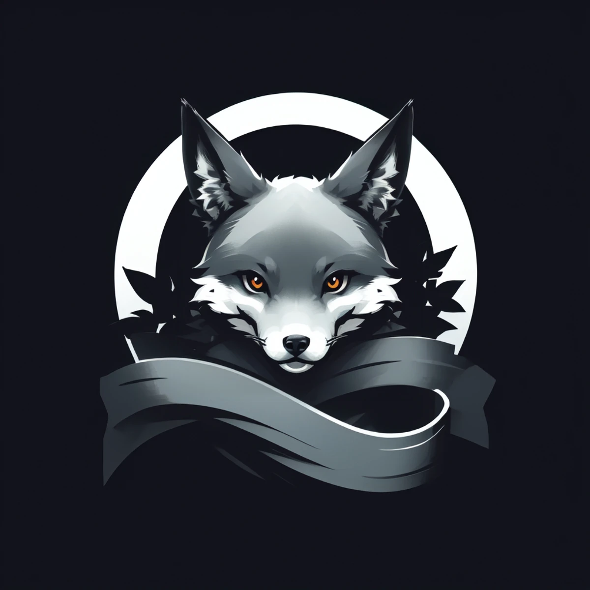 (masterpiece, best quality:1.2), (ribbon logo:1.2), oak tree, leaves (fox:1.05), animal, (no humans:1.1) , (monochrome:1.2), gradient background