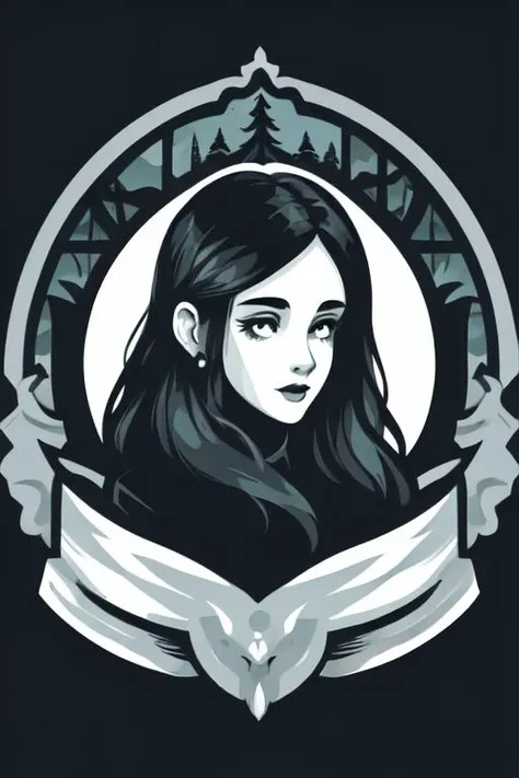 woman in a mythical forest, horror theme <lora:RibbonLogo_v1_R64:1> ribbon logo, gradient background, simple background, monochrome, flat color