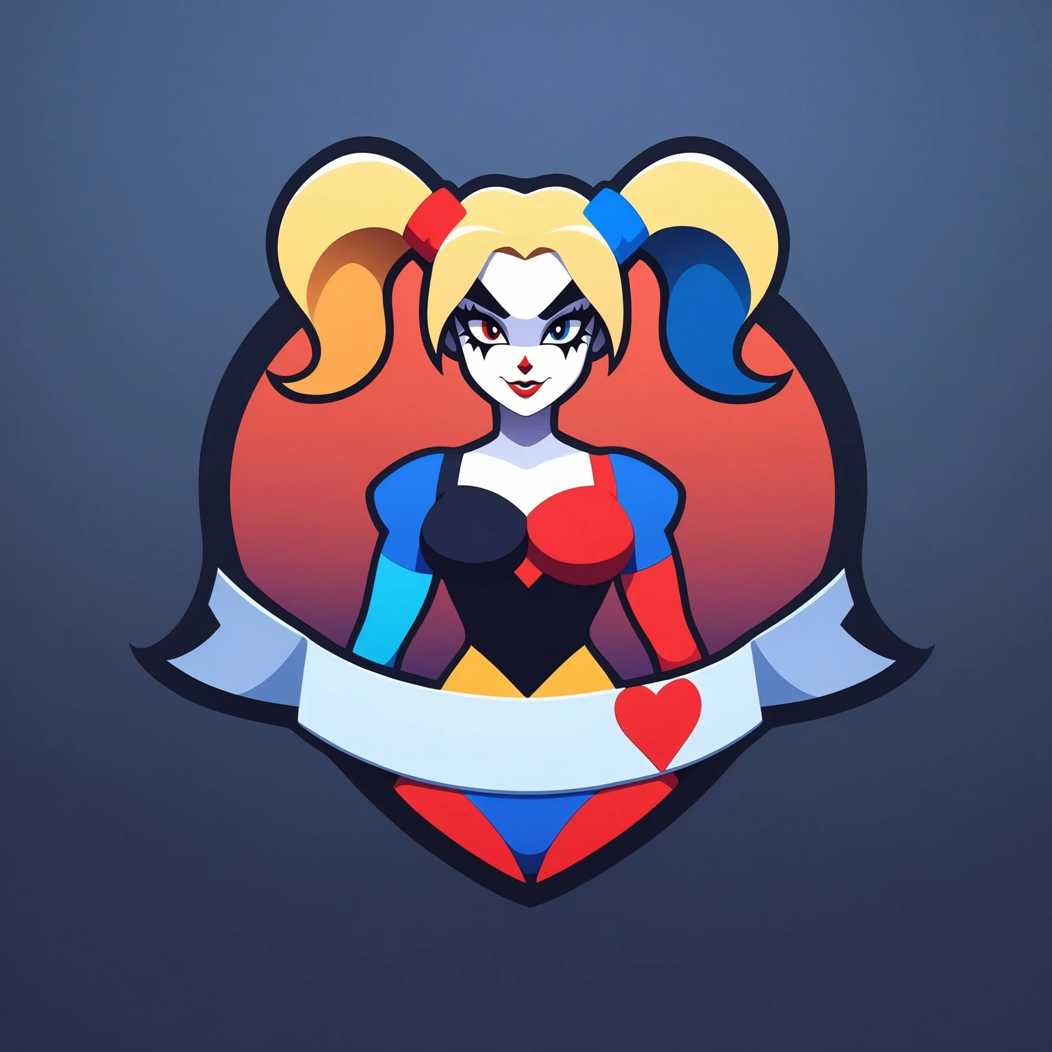 ribbon logo, 1girl, solo, (harley quinn:1.1), from batman the animated series, red and black jester outfit, blonde pigtails, blue eyes, makeup, pale skin, full body, gradient background, cloud, masterpiece, best quality, highly aesthetic
