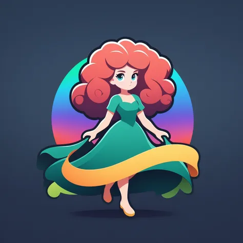 ribbon logo, 1girl, solo, (merida:1.1), from disney's brave, emerald and gold, curly red hair, afro, long green dress, blue eyes, full body, gradient background, rainbow, masterpiece, best quality, highly aesthetic