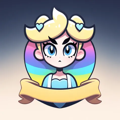 ribbon logo, 1girl, solo, (star butterfly:1.1), from star vs the forces of evil, blue and yellow, blonde hair, heart-shaped hair ornaments, blue dress and yellow boots, blue eyes, magic, portrait, monochrome, gradient background, rainbow, masterpiece, best quality, highly aesthetic