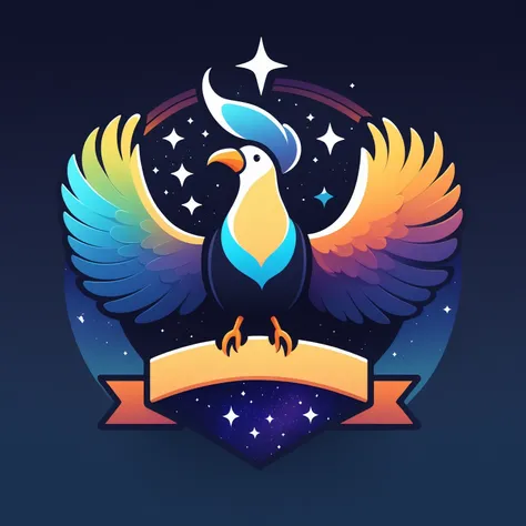 ribbon logo, a bird with large wings, beak, feathers, blue and orange, soaring, sky, colorful, avian, perching, singing, feathered, full body, gradient background, starry sky, masterpiece, best quality, highly aesthetic