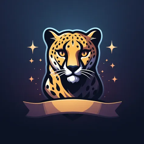 ribbon logo, animal, (cheetah:1.05), spots, solo, portrait, gradient background, sparkle, masterpiece, best quality, highly aesthetic