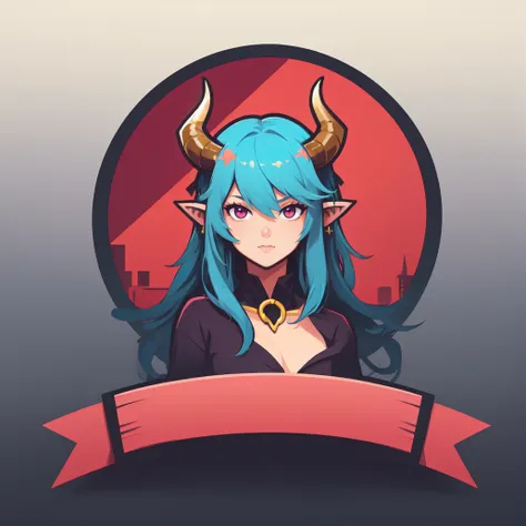 (masterpiece, best quality:1.1), (ribbon logo:1.3), 1girl, solo, monster girl, horns , flat color, gradient background