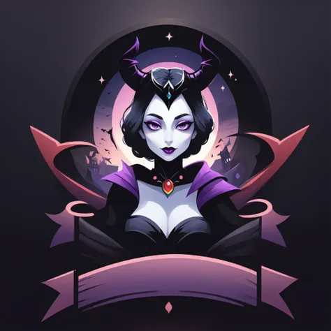 (masterpiece, best quality:1.1), (ribbon logo:1.2), 1girl, solo, (maleficent:1.1), from disney's sleeping beauty, black and purple, robe, black horns, light gray skin, long robes, black clothes, ghostly pale skin, red lipstick, villain, flat color, simple background