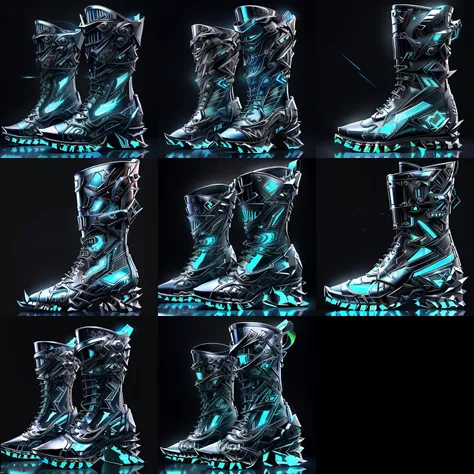 (CGI),(3D),((empty background:1.2)),(insanely detailed), (fine details),(sharp lines:1.3),Game Icon Institute, blue scull boots,EnergyDrink,<lora:GameIconResearch_boots2_Lora:1>, <lora:EnergyDrinkTech-20:1.0>