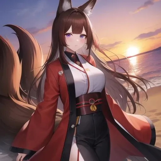 (masterpiece, best quality:1.2),illustration,8k,hd,beautiful purple sunset at beach,1girl,solo,cowboy shot,animal_ears,long_hair,japanese_clothes,brown_hair,fox_ears,purple_eyes,tail,multiple_tails,large_breasts,red_coat,kitsune,fox_tail,thick_eyebrows,wide_sleeves,brown_tail,kyuubi,blunt_bangs,coat,bangs,<lora:Amagi(azur)>,