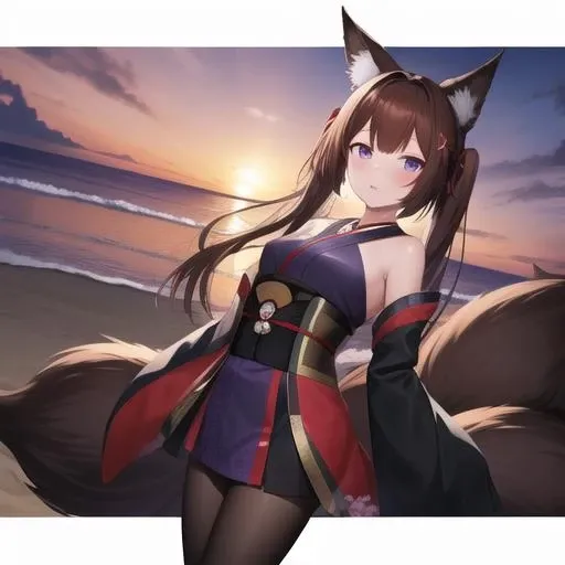 (masterpiece, best quality:1.2),illustration,8k,hd,beautiful purple sunset at beach,1girl,solo,cowboy shot,animal_ears,long_hair,japanese_clothes,brown_hair,fox_ears,purple_eyes,tail,multiple_tails,large_breasts,red_coat,kitsune,fox_tail,thick_eyebrows,wide_sleeves,brown_tail,kyuubi,blunt_bangs,coat,bangs,<lora:Amagi(azur)>,