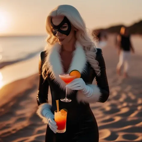 cinematic photo a woman in a cat suit and small mask , having a cocktail on the beach, sunset <lora:BlackCat1024:0.8> . 35mm photograph, film, bokeh, professional, 4k, highly detailed