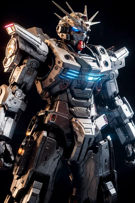bj_gundam, solo, looking_at_viewer, blue_eyes, standing, no_humans, glowing, robot, mecha, glowing_eyes, clenched_hands, science_fiction, straight-on, v-fin, mobile_suit, cinematic lighting, strong contrast, high level of detail, Best quality, masterpiece, neon background, (wide angle:1.4), <lora:Gundam_Mecha_v3.1:0.7>