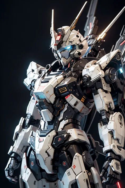 bj_gundam, solo, looking_at_viewer, blue_eyes, standing, no_humans, glowing, robot, mecha, glowing_eyes, clenched_hands, science_fiction, straight-on, v-fin, mobile_suit, cinematic lighting, strong contrast, high level of detail, Best quality, masterpiece, neon background, (wide angle:1.4), <lora:Gundam_Mecha_v3.1:0.7>