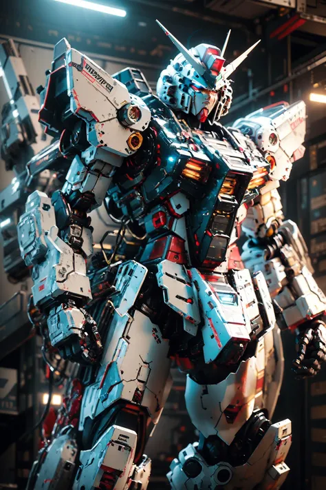 Gundam, solo, looking_at_viewer, blue_eyes, standing, no_humans, glowing, robot, bj_gundam_mecha, glowing_eyes, clenched_hands, science_fiction, straight-on, v-fin, mobile_suit, cinematic lighting, strong contrast, high level of detail, Best quality, masterpiece, neon background, (wide angle:1.4), <lora:Gundam_Mecha:0.7>