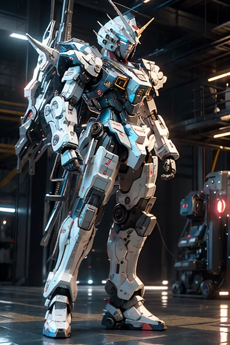 bj_gundam, solo, looking_at_viewer, blue_eyes, standing, no_humans, glowing, robot, mecha, glowing_eyes, clenched_hands, science_fiction, straight-on, v-fin, mobile_suit, cinematic lighting, strong contrast, high level of detail, Best quality, masterpiece, neon background, (wide angle, full body shot:1.4), <lora:Gundam_Mecha_v3.1:0.9>