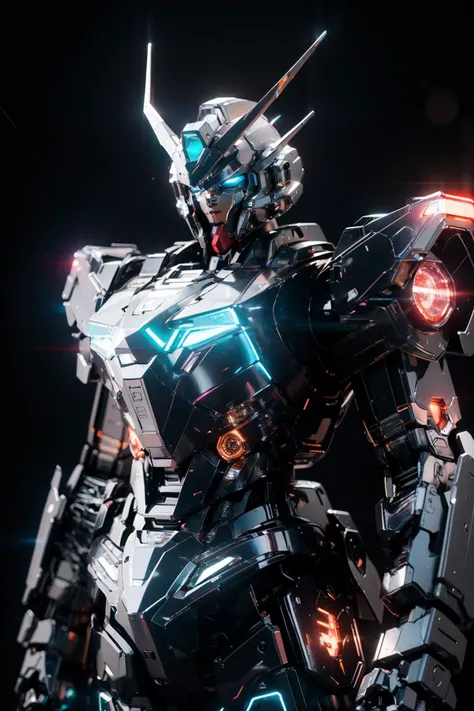 Gundam, solo, looking_at_viewer, blue_eyes, standing, no_humans, glowing, robot, mecha, glowing_eyes, clenched_hands, science_fiction, straight-on, v-fin, mobile_suit, cinematic lighting, strong contrast, high level of detail, Best quality, masterpiece, neon background, (wide angle:1.4), <lora:gundam_Transparent:0.7>