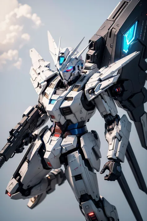 Hyperrealistic art BJ_Gundam,wings,solo,blue_eyes,holding,weapon,holding_weapon,gun,no_humans,glowing,robot,holding_gun,mecha,glowing_eyes,floating,flying,science_fiction,space,v-fin,energy_gun,mobile_suit,beam_rifle,
cinematic lighting,strong contrast,high level of detail,Best quality,masterpiece,White background,. Extremely high-resolution details,photographic,realism pushed to extreme,fine texture,incredibly lifelike,<lora:Gundam_Mecha_v5.2:0.6>,. Extremely high-resolution details,photographic,realism pushed to extreme,fine texture,incredibly lifelike,
