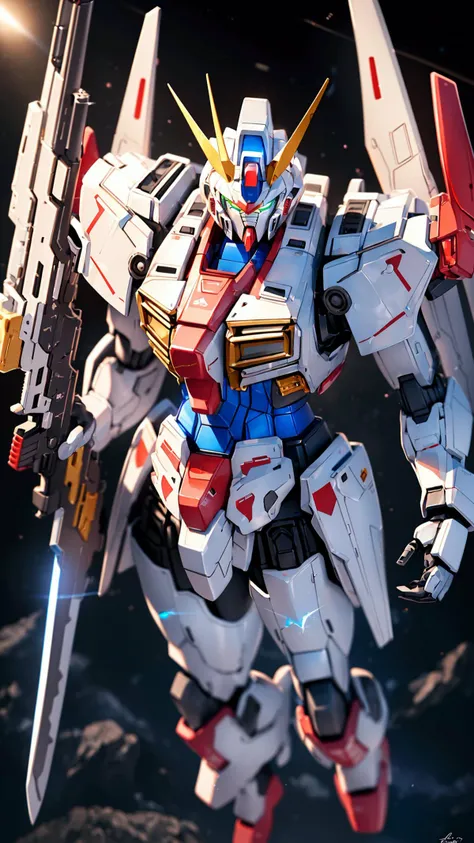 Hyperrealistic art BJ_Gundam,solo,holding,weapon,sword,holding_weapon,gun,no_humans,glowing,holding_sword,robot,holding_gun,mecha,glowing_eyes,flying,science_fiction,space,v-fin,energy_gun,mobile_suit,beam_rifle,
cinematic lighting,strong contrast,high level of detail,Best quality,masterpiece,White background,. Extremely high-resolution details,photographic,realism pushed to extreme,fine texture,incredibly lifelike,<lora:Gundam_Mecha_v5.2:0.6>, . Extremely high-resolution details, photographic, realism pushed to extreme, fine texture, incredibly lifelike