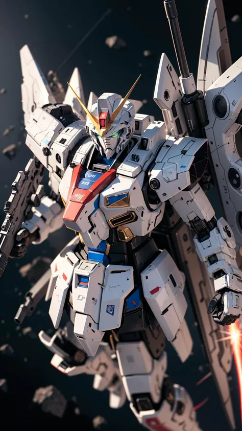 Hyperrealistic art BJ_Gundam,solo,holding,green_eyes,weapon,sky,holding_weapon,gun,no_humans,glowing,robot,holding_gun,mecha,glowing_eyes,flying,science_fiction,shield,space,v-fin,energy_gun,mobile_suit,beam_rifle,
cinematic lighting,strong contrast,high level of detail,Best quality,masterpiece,White background,. Extremely high-resolution details,photographic,realism pushed to extreme,fine texture,incredibly lifelike,<lora:Gundam_Mecha_v5.2:0.6>, . Extremely high-resolution details, photographic, realism pushed to extreme, fine texture, incredibly lifelike