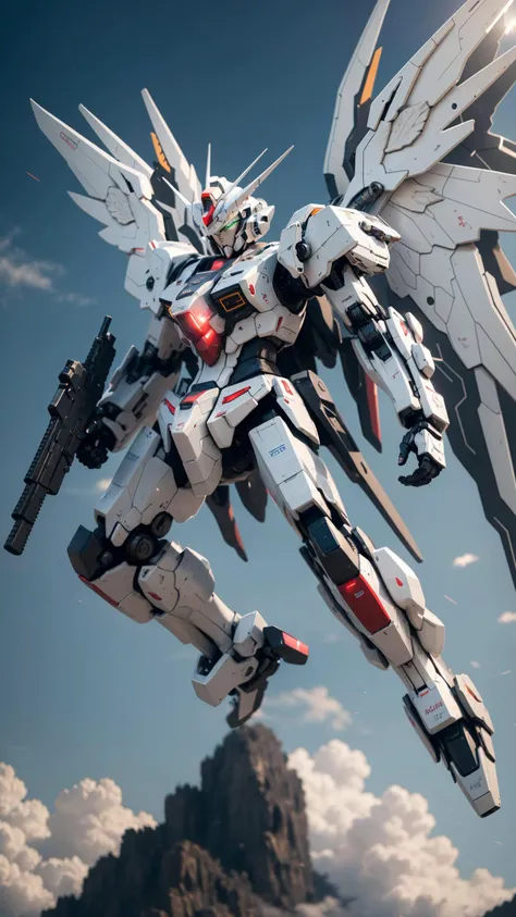 Hyperrealistic art BJ_Gundam,solo,holding,green_eyes,weapon,wings,holding_weapon,gun,no_humans,glowing,robot,holding_gun,mecha,glowing_eyes,flying,science_fiction,mechanical_wings,v-fin,energy_gun,beam_rifle,
cinematic lighting,strong contrast,high level of detail,Best quality,masterpiece,White background,. Extremely high-resolution details,photographic,realism pushed to extreme,fine texture,incredibly lifelike,<lora:Gundam_Mecha_v5.2:0.7>, . Extremely high-resolution details, photographic, realism pushed to extreme, fine texture, incredibly lifelike