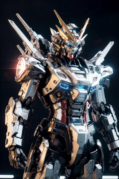 bj_gundam, solo, looking_at_viewer, blue_eyes, standing, no_humans, glowing, robot, mecha, glowing_eyes, clenched_hands, science_fiction, straight-on, v-fin, mobile_suit, cinematic lighting, strong contrast, high level of detail, Best quality, masterpiece, neon background, (wide angle:1.4), <lora:Gundam_Mecha_v3.1:0.7>