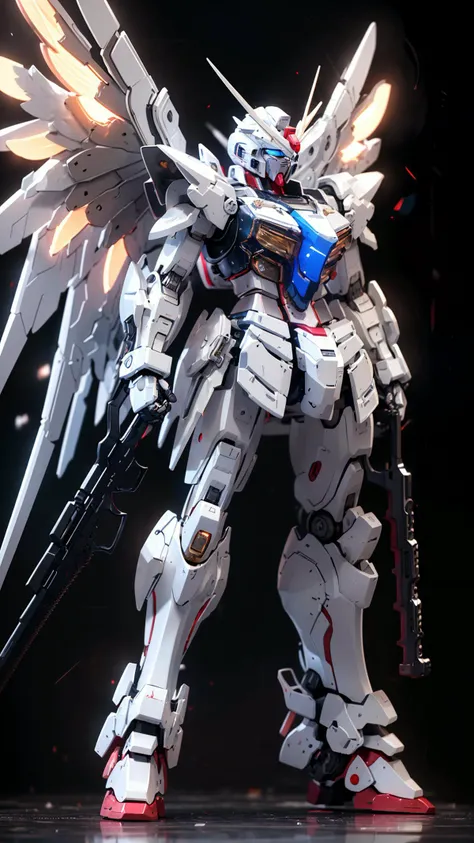 BJ_Gundam, solo, wings, holding, standing, weapon, holding_weapon, gun, no_humans, glowing, robot, clenched_hand, holding_gun, mecha, science_fiction, v-fin, mobile_suit,
cinematic lighting,strong contrast,high level of detail,Best quality,masterpiece,White background,<lora:Gundam_Mecha_v3.5(4440):0.7>,