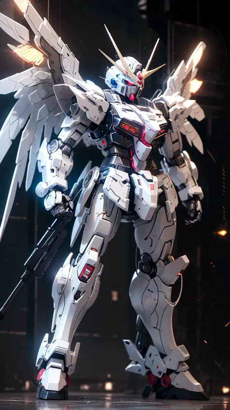 BJ_Gundam,solo,red_eyes,standing,weapon,wings,gun,no_humans,glowing,robot,holding_gun,mecha,science_fiction,glowing_eye,looking_ahead,mobile_suit,
cinematic lighting,strong contrast,high level of detail,Best quality,masterpiece,White background,<lora:Gundam_Mecha_v3.5(4440):0.7>,
