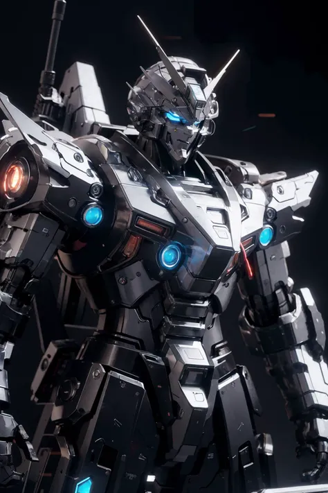 bj_gundam, solo, looking_at_viewer, blue_eyes, standing, no_humans, glowing, robot, mecha, glowing_eyes, clenched_hands, science_fiction, straight-on, v-fin, mobile_suit, cinematic lighting, strong contrast, high level of detail, Best quality, masterpiece, neon background, (wide angle:1.4), <lora:Gundam_Mecha_v3.1:0.7>
