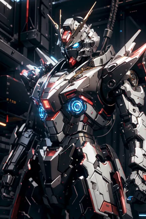 bj_gundam, solo, looking_at_viewer, blue_eyes, standing, no_humans, glowing, robot, mecha, glowing_eyes, clenched_hands, science_fiction, straight-on, v-fin, mobile_suit, cinematic lighting, strong contrast, high level of detail, Best quality, masterpiece, neon background, (wide angle:1.4), <lora:Gundam_Mecha_v3.1:0.7>