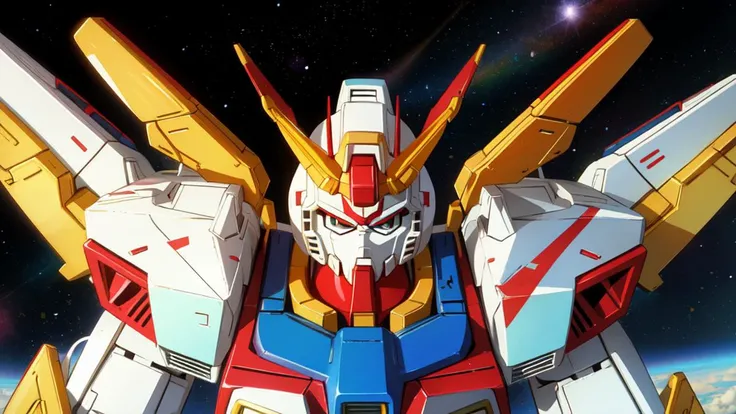 <lora:Gundam_Mecha_v5.2:0.1> BJ_Gundam, gundam,  <lora:vintage 90's anime style_last:1> 90s, space, upper body, full body