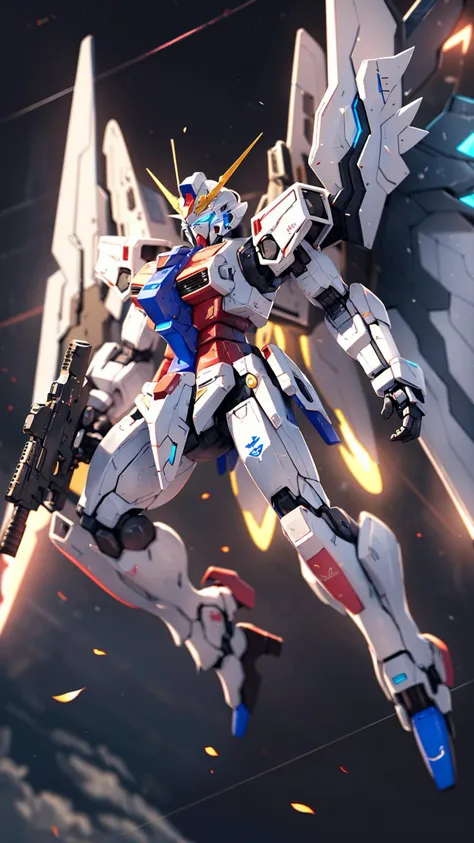 Hyperrealistic art BJ_Gundam,wings,solo,blue_eyes,holding,weapon,holding_weapon,gun,no_humans,glowing,robot,holding_gun,mecha,glowing_eyes,floating,flying,science_fiction,space,v-fin,energy_gun,mobile_suit,beam_rifle,
cinematic lighting,strong contrast,high level of detail,Best quality,masterpiece,White background,. Extremely high-resolution details,photographic,realism pushed to extreme,fine texture,incredibly lifelike,<lora:Gundam_Mecha_v5.2:0.6>, . Extremely high-resolution details, photographic, realism pushed to extreme, fine texture, incredibly lifelike